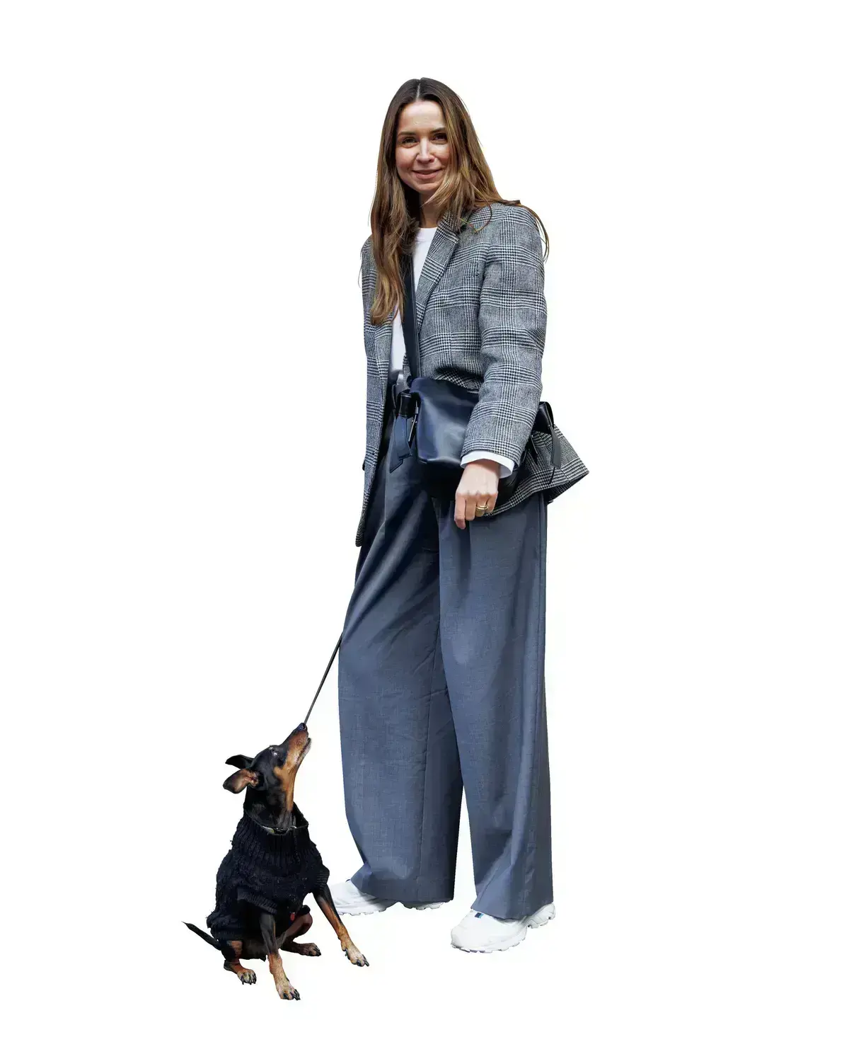 スニーカー グレンチェックのジャケット ワイドパンツ 春コーデ