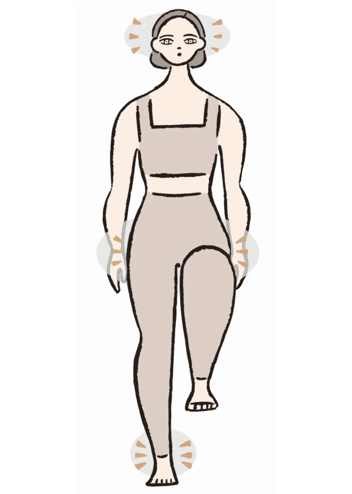 ベージュのスポーツウェアを着た女性が、片足を大きく上げながら歩いているイラスト。周囲に視線を表す三角形のマークが描かれている。