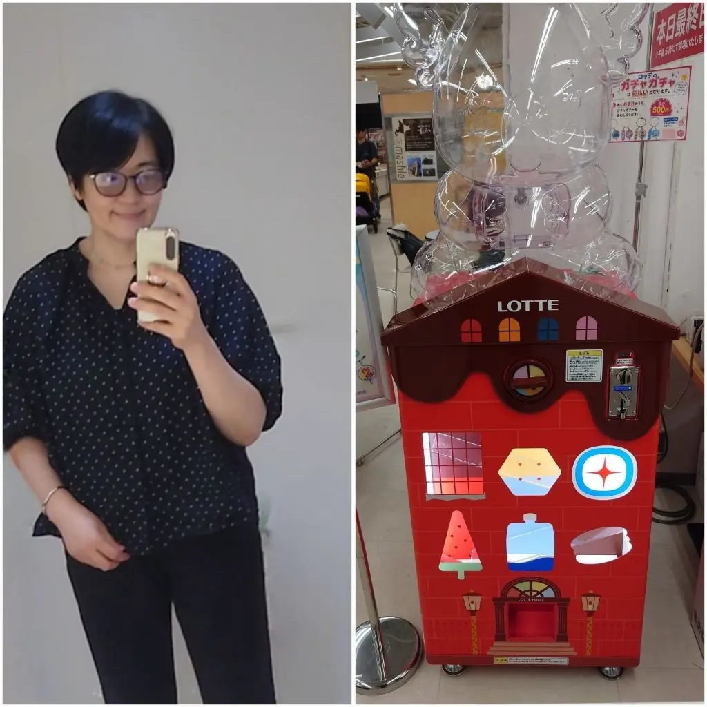 左：眼鏡をかけた女性がスマートフォンで自撮りをしている。黒髪で、水玉模様のトップスを着ている。背景には白い柱がある。

右：赤色のゲーム機「ロッテ」が置かれている。透明な風船が飾られており、そのうちの一つにはキャラクターが描かれている。