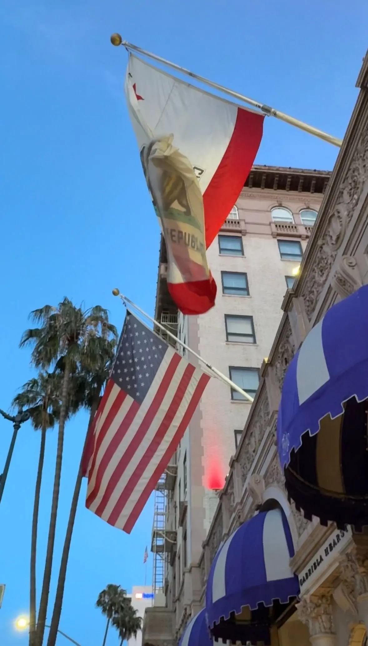 カリフォルニア州旗とアメリカ国旗が建物の前でなびく、ヤシの木のある街並み