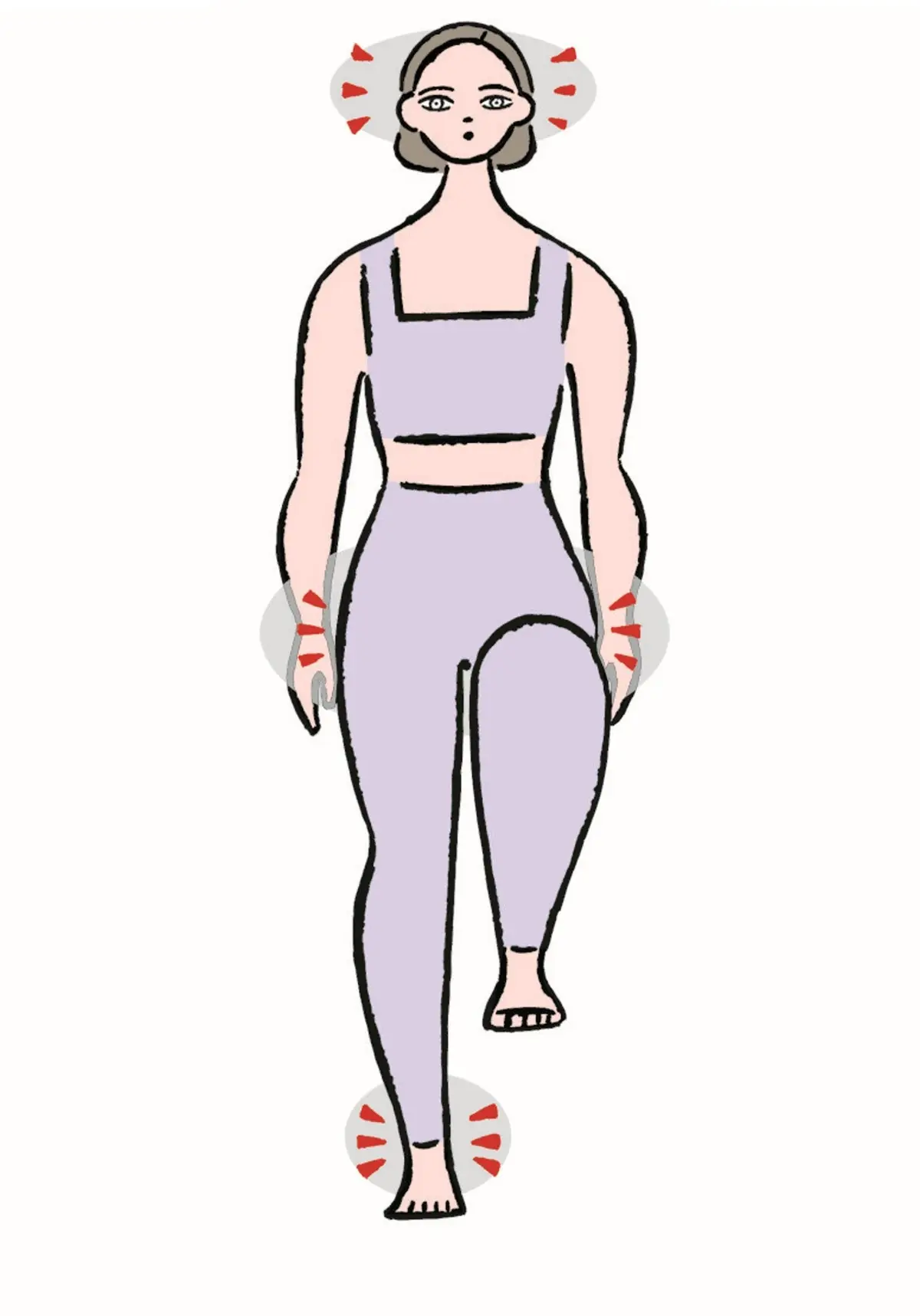ベージュのスポーツウェアを着た女性が、片足を大きく上げながら歩いているイラスト。周囲に視線を表す三角形のマークが描かれている。