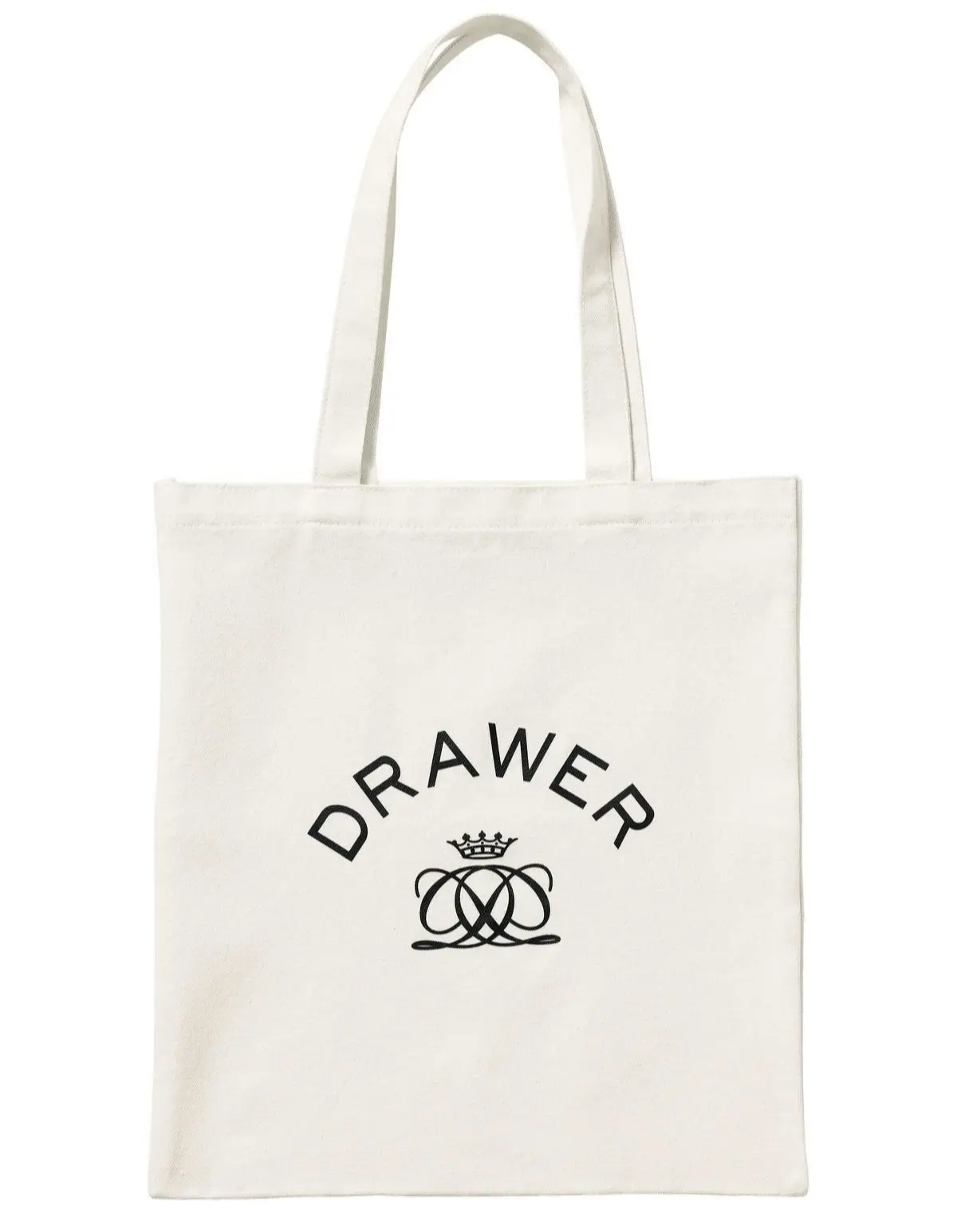 アイボリー色のキャンバストートバッグ。中央に黒色の「DRAWER」の文字が弧を描くように配置され、その下に王冠と絡み合ったロープのような模様が描かれている。