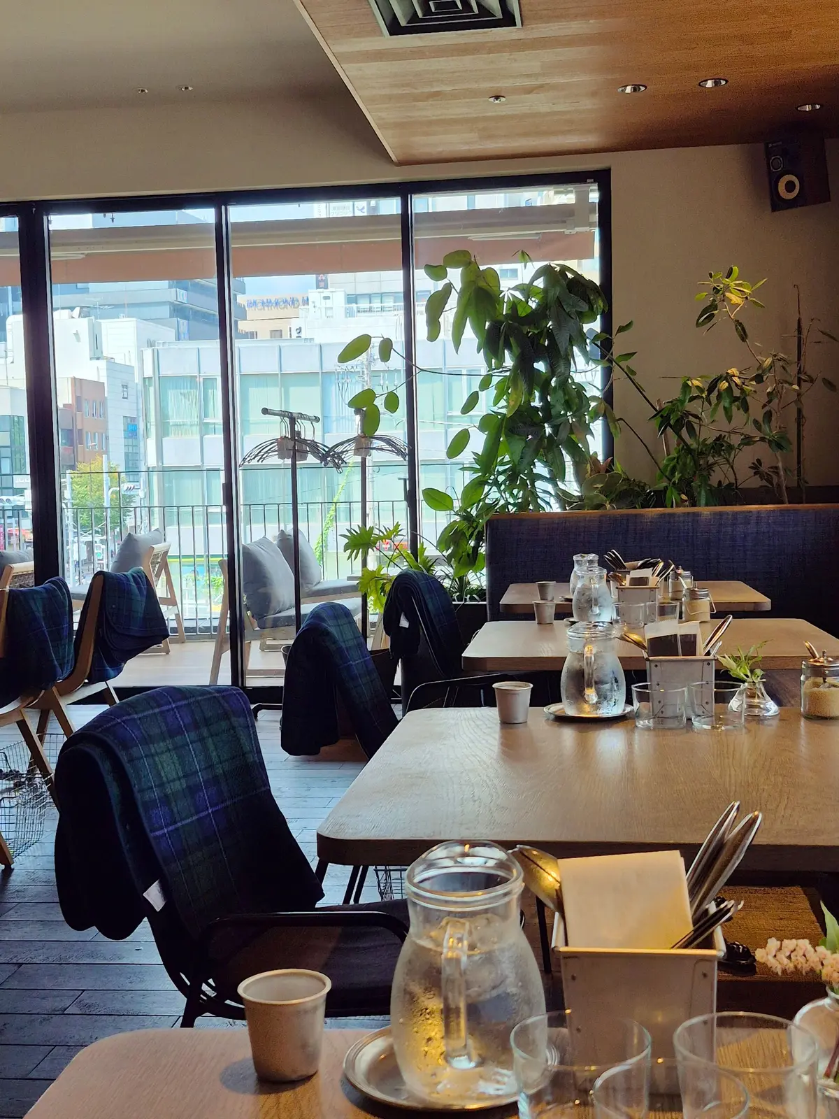 明るい日差しが差し込むカフェの店内。窓から都市の風景が見える。木製のテーブル席には、水差しやグラス、カゴに入ったカトラリーが置かれ、青いブランケットが掛けられた椅子が並ぶ。観葉植物が置かれているのも特徴的。
