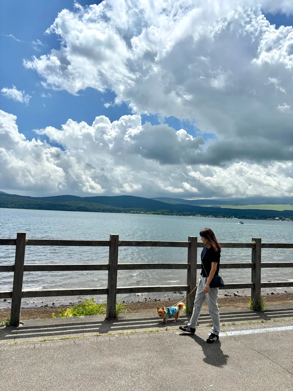 湖畔を歩く。アディダスのスニーカーを着用。背景には、緑の山々と広大な湖、そして白い雲が広がる空が広がっている。