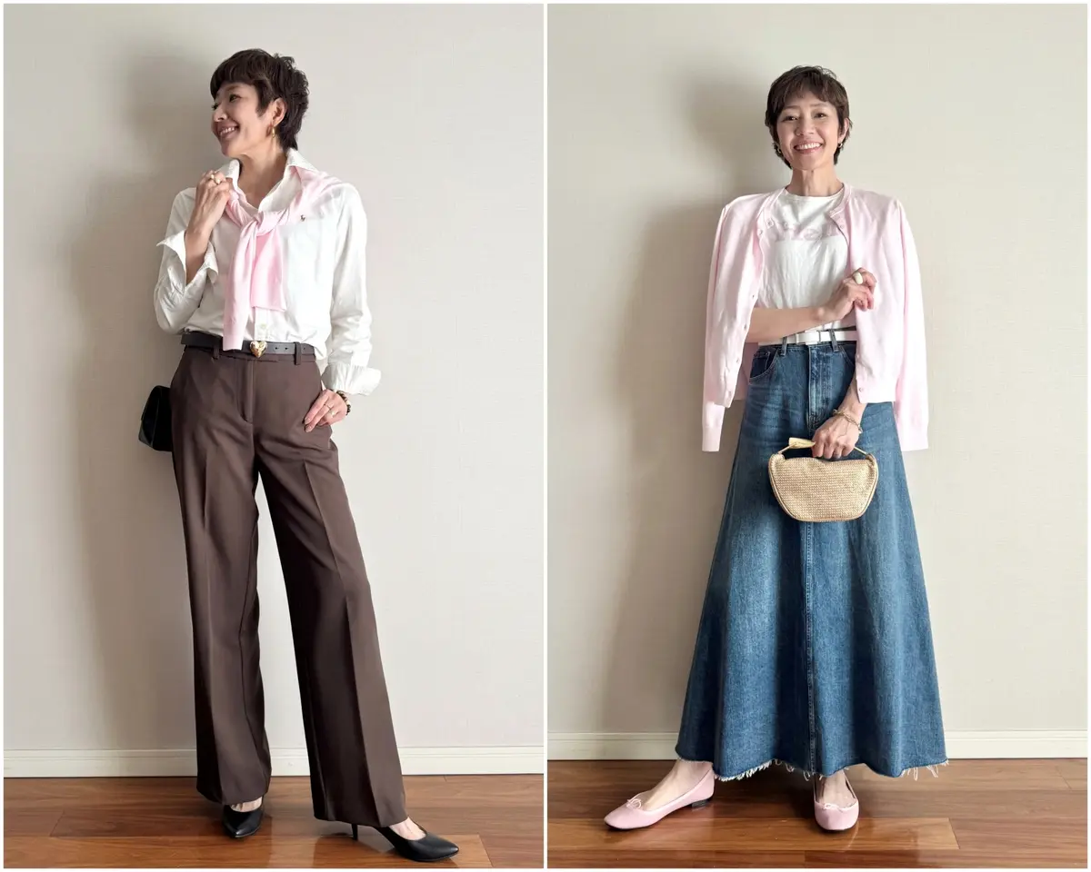 エクラ 華組　細谷さん　「ユニクロ」のUVカットカーディガン、大人はどう着る？　左：カーディガン／UNIQLO　シャツ／POLO RALPH LAUREN  パンツ／ZARA　ベルト／GU  バッグ／CHANEL  靴／銀座かねまつ 右：カーディガン／UNIQLO　Tシャツ／MADISONBLUE（ハピプラストアで購入） スカート／AKTE　ベルト／SOÉJU　バッグ／ZARA　靴／Repetto
