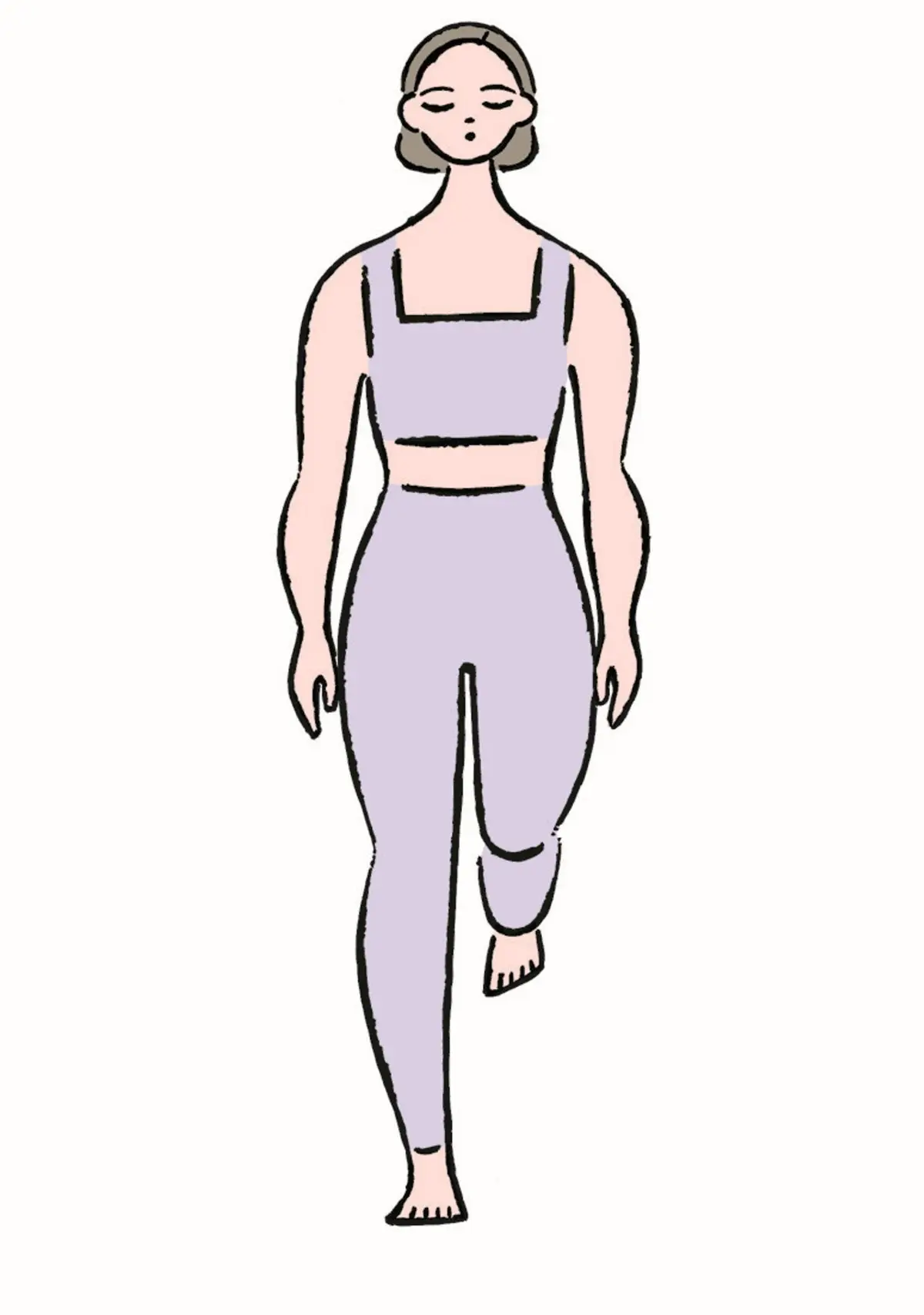 ベージュのトップスとレギンスを着た女性が、片足を高く上げて歩いているイラスト。目は閉じ、リラックスした表情。背景は白。