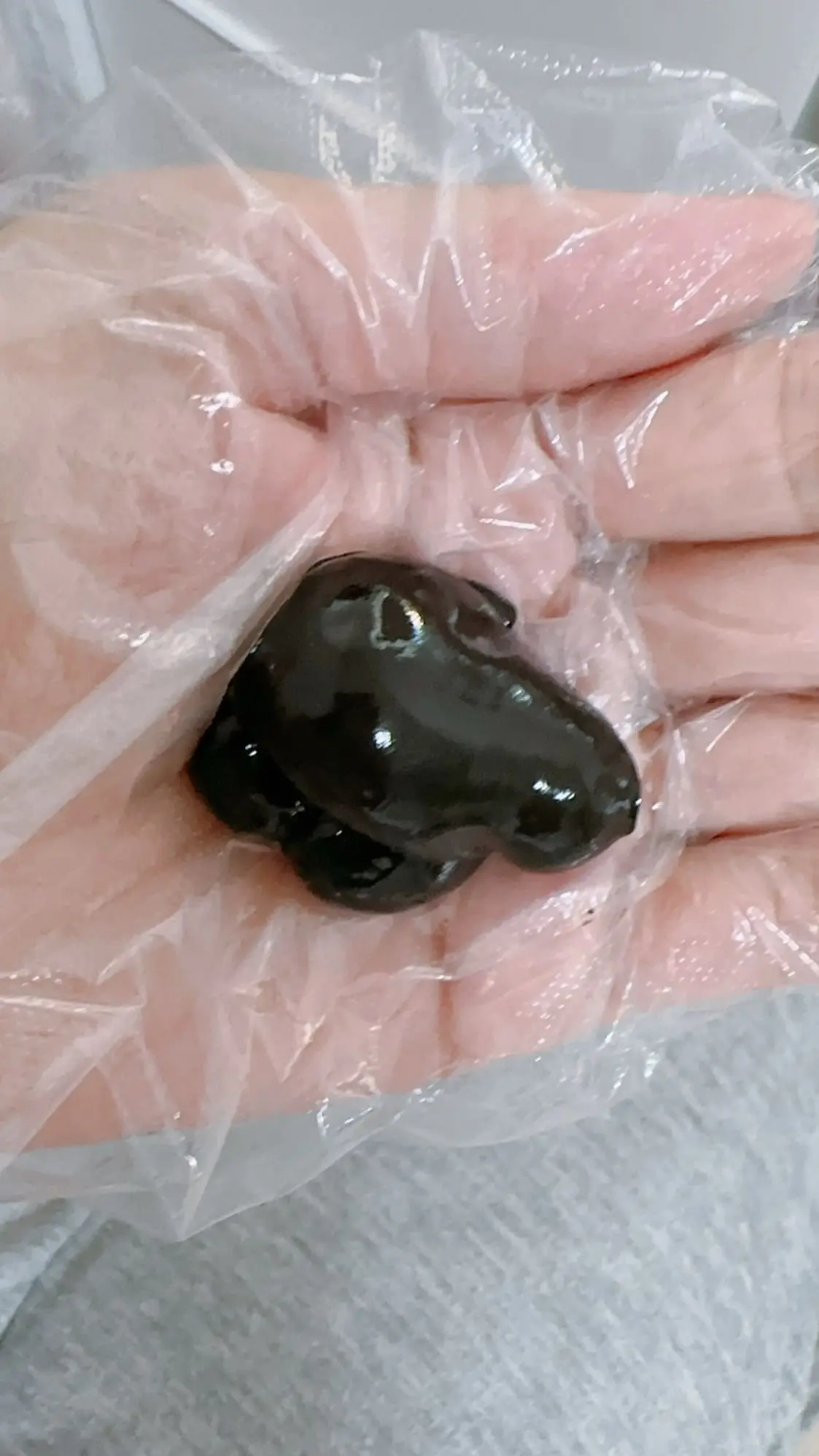 手のひらに包まれた、黒色の小さなカエル。丸みを帯びた体型で、つぶらな瞳が特徴的。透明なビニール袋に入っている。