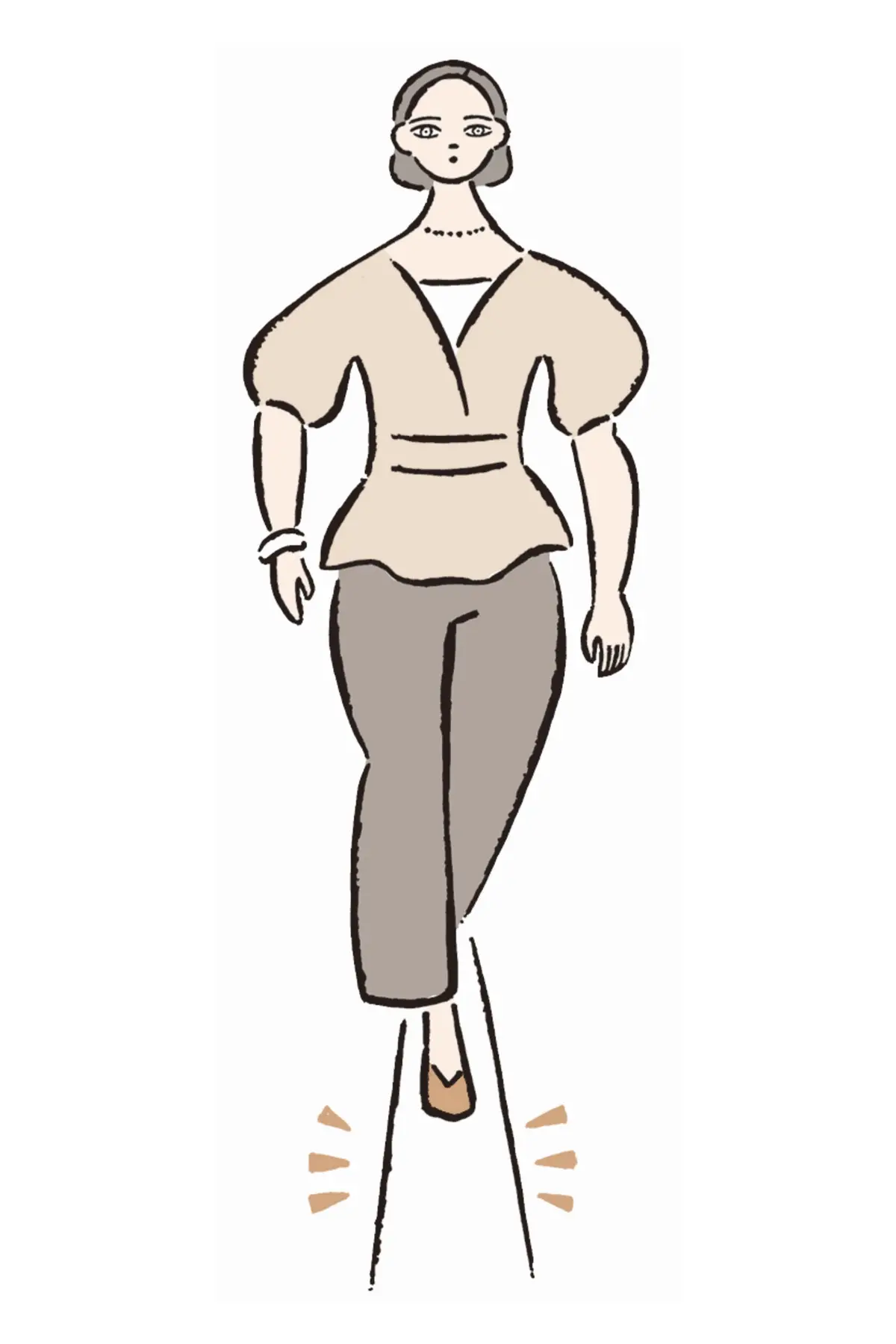 固有感覚の鍛え方　ベージュのトップスとパンツを着た女性が、正面を向いて歩いているイラスト。短い髪型で、手は軽く握られている。足元には影が描かれている。