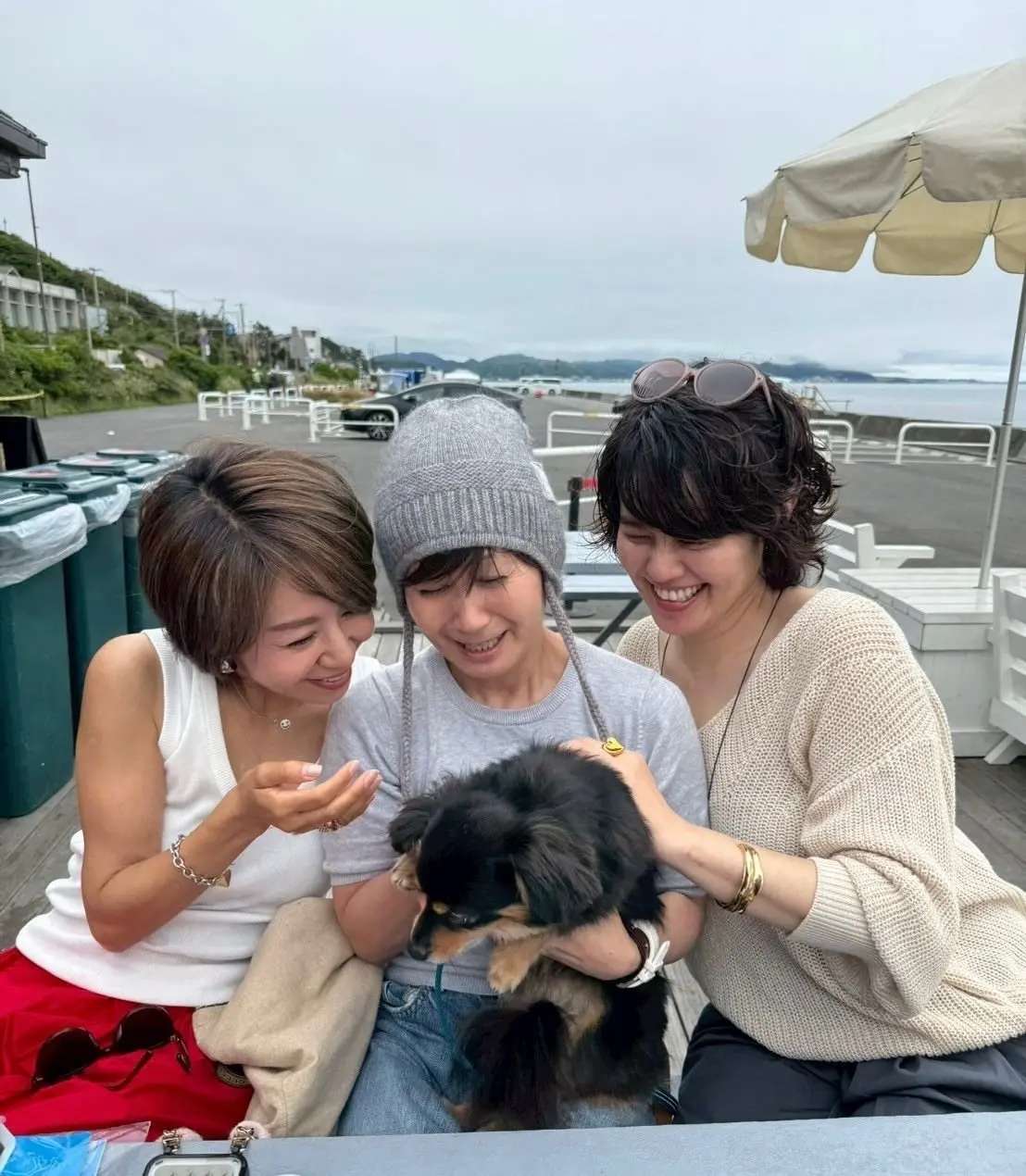 3人の女性が屋外のデッキで小型犬を囲んで笑い、海の景色が背景にある