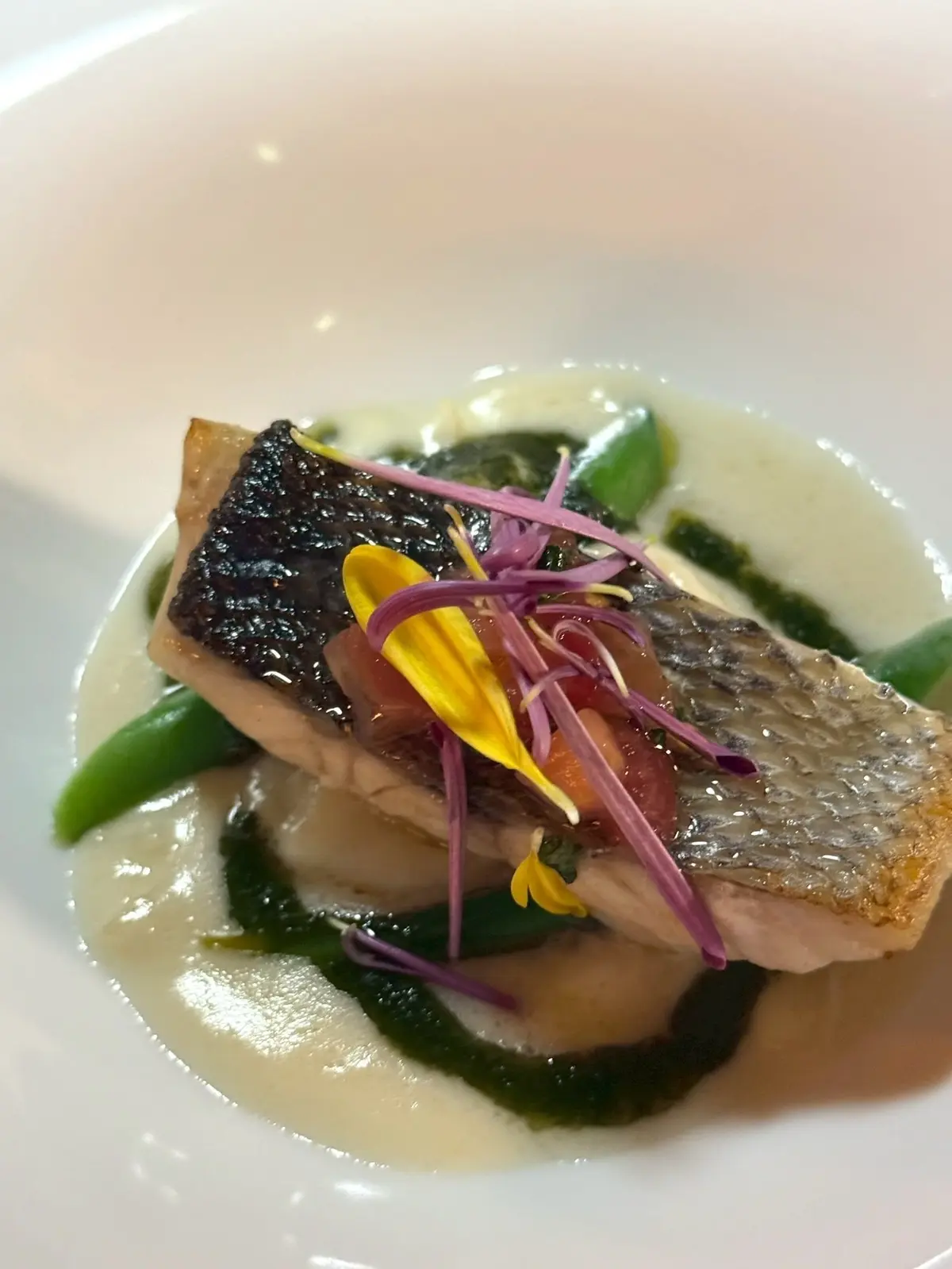 梅田ブルーバードの誕生日ディナーコースの美味しいイタリアン料理　白い皿に焼き魚が盛り付けられ、緑の野菜、黄色い花、紫の細いスライスがトッピングされている。