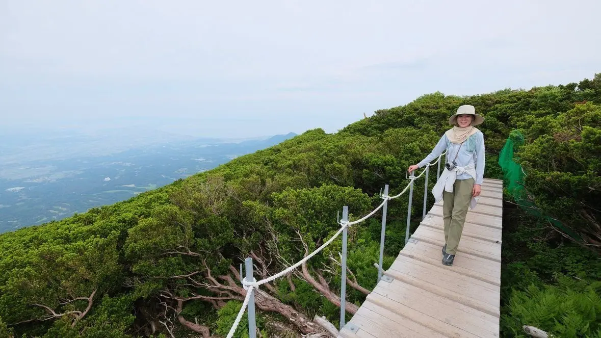 山頂の木製歩道に立つ女性で、広大な緑の山と遠くの平野が背景に広がる