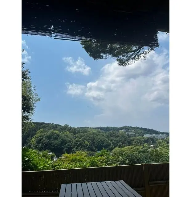 木製のテラスから見える緑豊かな山と青空、雲が広がる風景