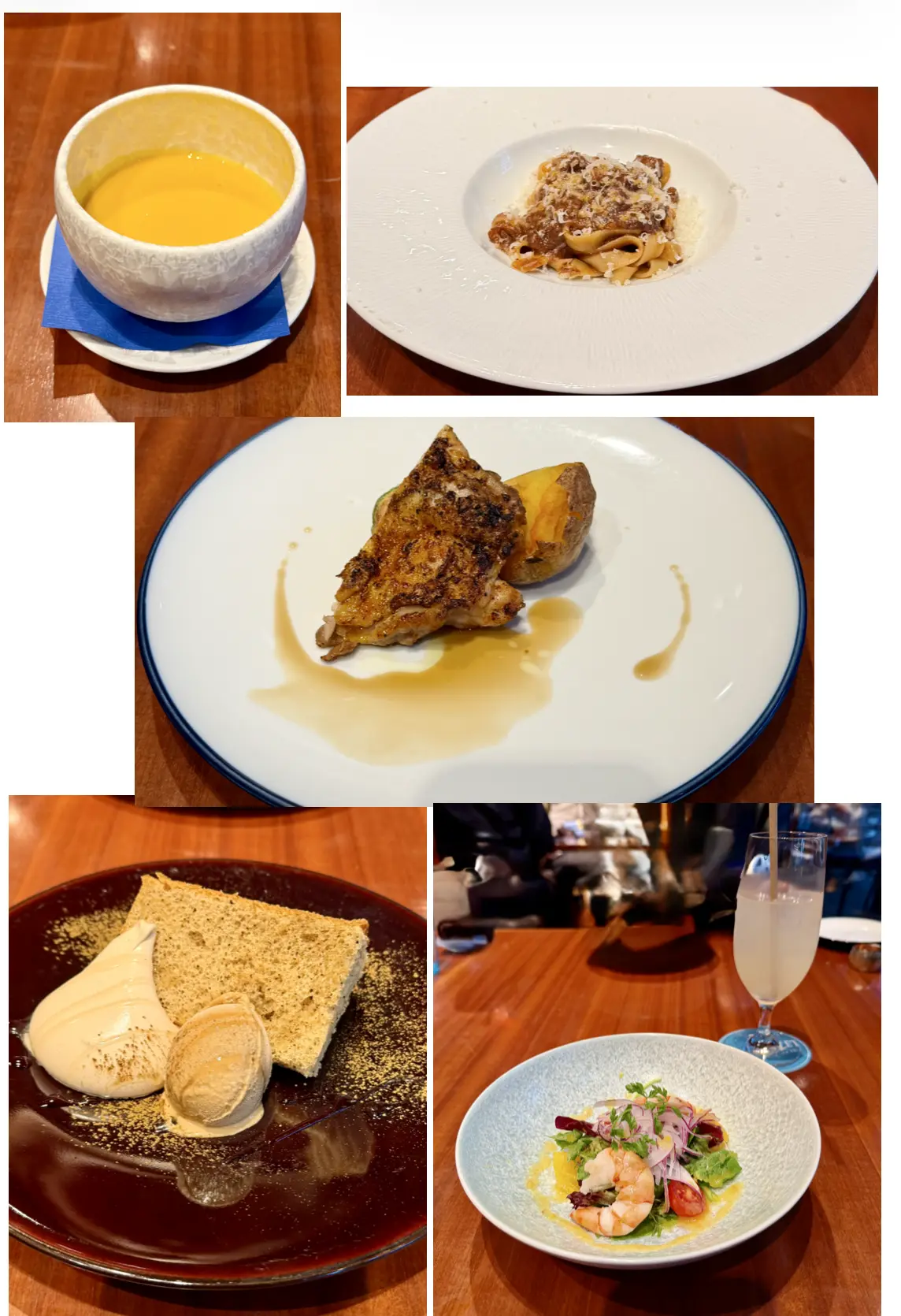 *   **左上:** 青い陶器のボウルに入った、鮮やかな黄色いスープ。
*   **右上:** 白い皿に盛り付けられた、ビーフラグーソースのパスタ。
・中央はロティサリーチキン
・右下、前菜エビのサラダ、オレンジソースがけ
・左下、紅茶のシフォンケーキ