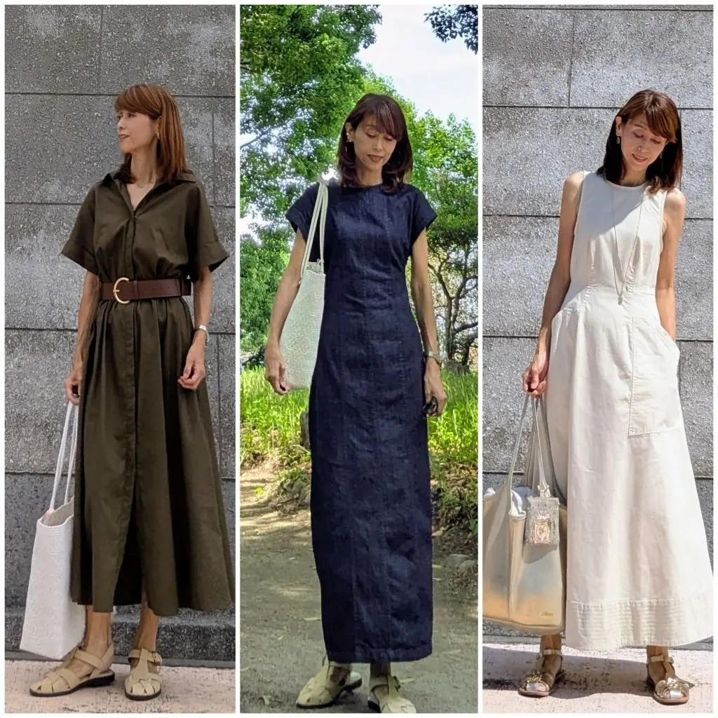 左：オリーブ色のシャツワンピースに茶色のベルトを合わせた女性。白いバッグとサンダルを身につけている。
中央：濃い青色のシンプルなワンピースを着た女性。白いバッグを持ち、緑のブーツを履いている。
右：白いロングワンピースを着た女性。