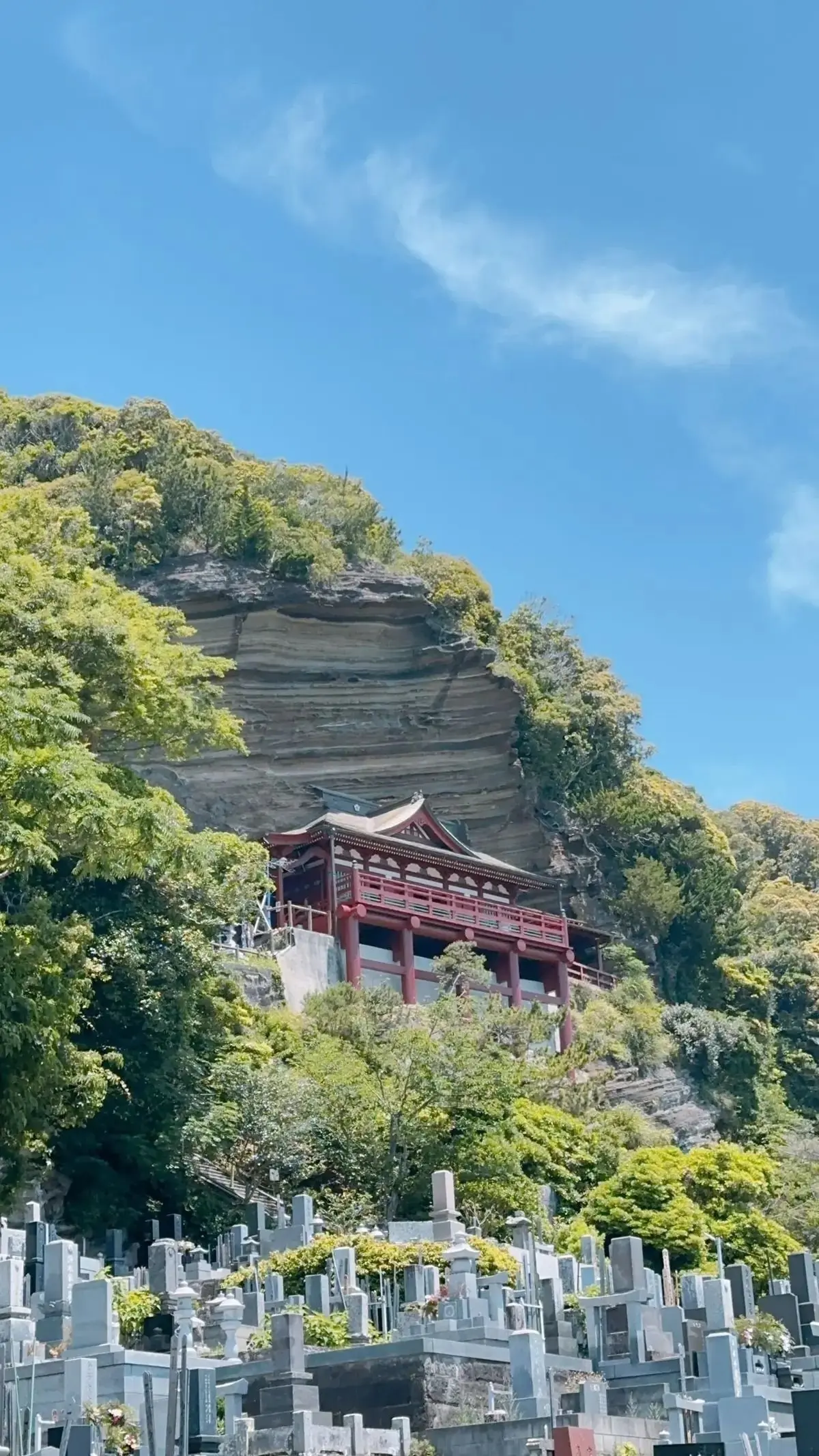 緑豊かな山肌に、赤い屋根の社殿が建つ様子。下には墓石が並び、青空が広がる。