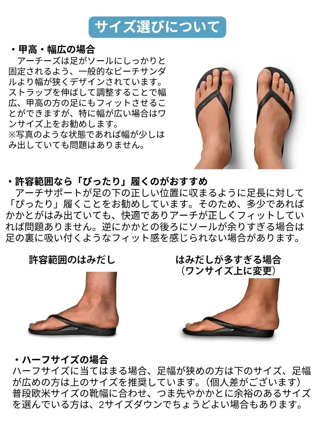 サイズ選びに関する説明。甲高・幅広の足の場合、アーチ形状やストラップでフィット感を調整。群盗範囲から「ぴったり」感がある場合、足の裏にフィット感がない場合はワンサイズ上を推奨。ハーフサイズの人は、足幅狭めなら下、足幅広めなら上のサイズを選ぶ。
