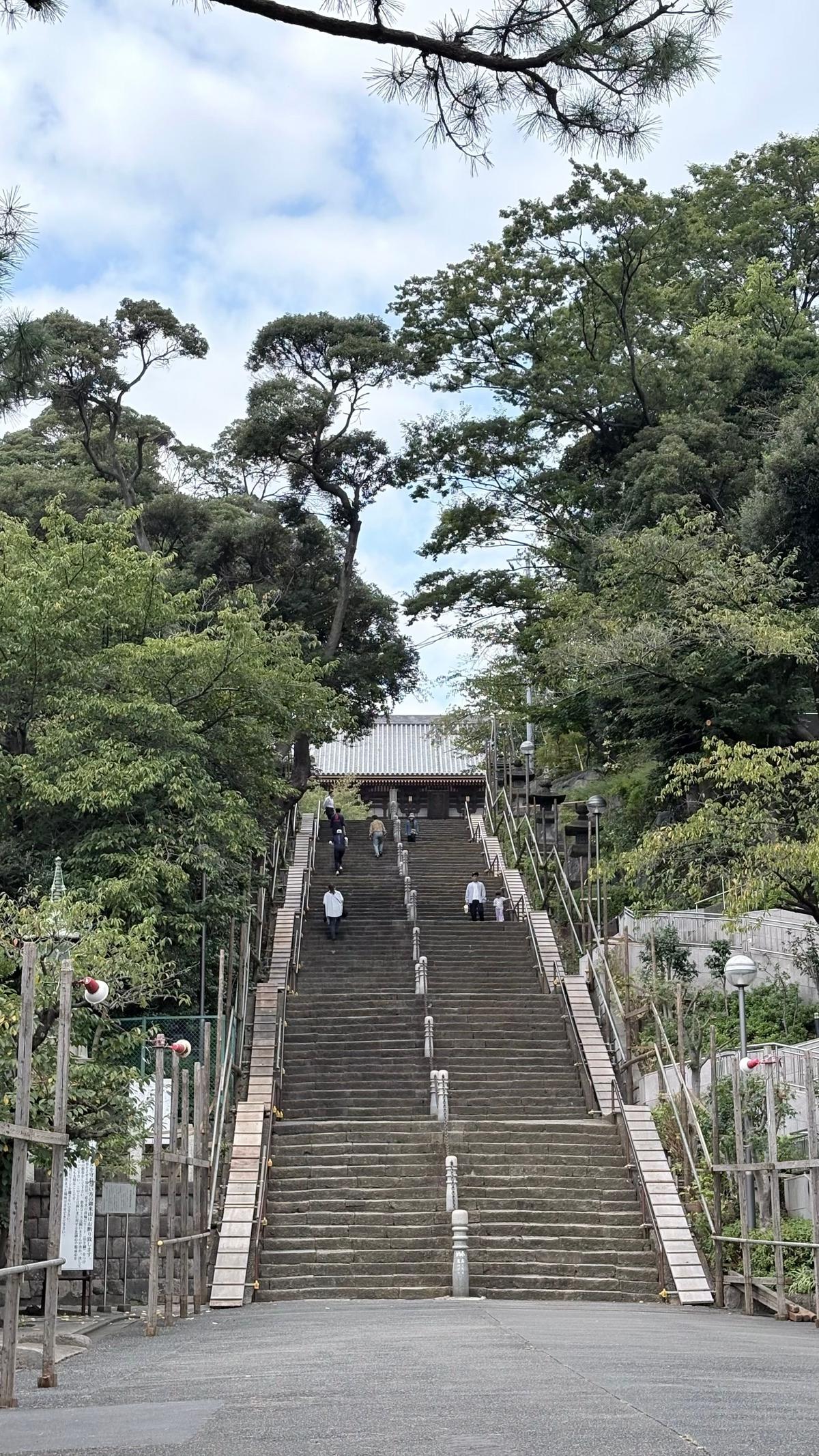 緑豊かな木々に囲まれた石段が、上に向かって長く続いている。段上には数人が歩いている。青空と雲が見える。