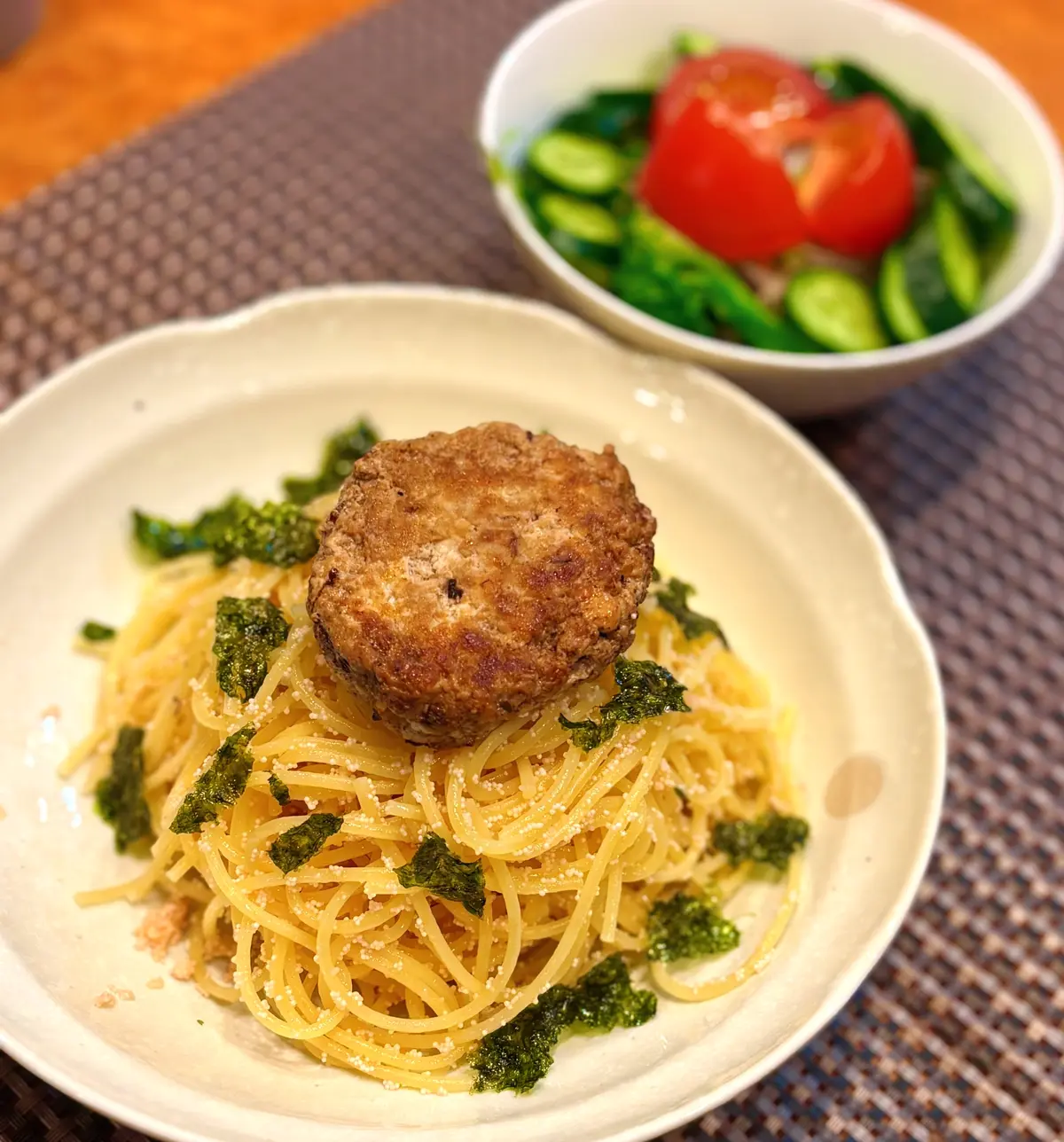 明太子パスタ 豚肉と豆腐のハンバーグ