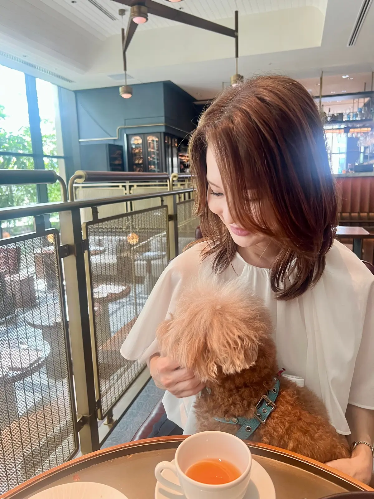 白シャツを着た女性が、茶色のプードルの犬を優しく抱いている。テーブルにはティーカップが置かれ、背景にレストランの様子が写る。