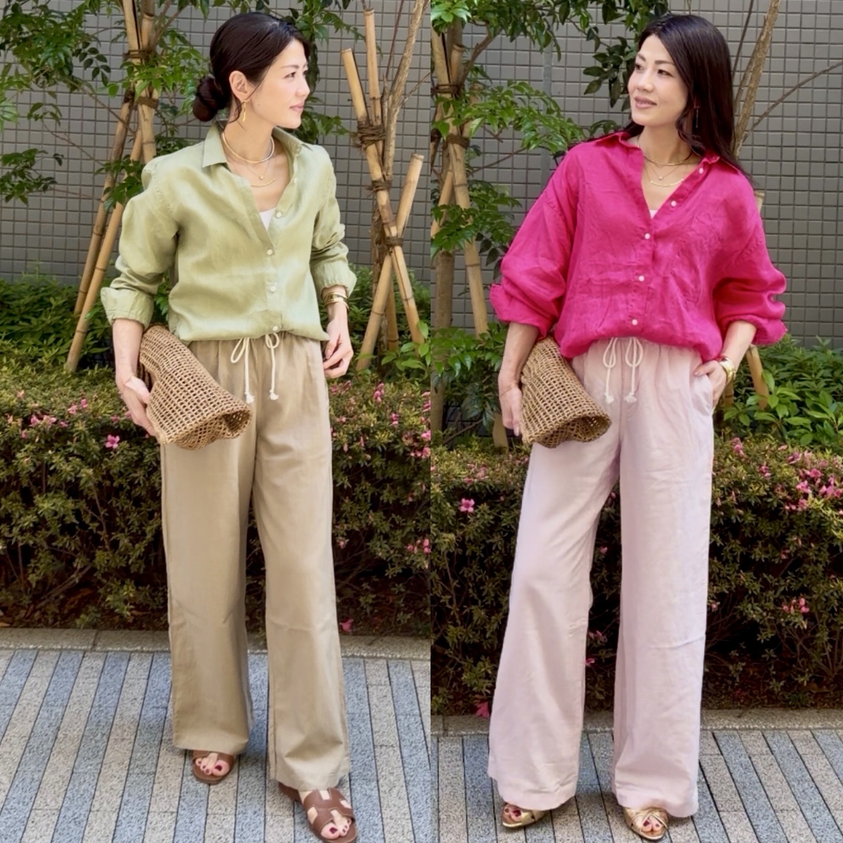 【UNIQLOリネンコーデ】40代、カラーリネンシャツ×イージーパンツで大人のリラックスコーデ！２スタイル