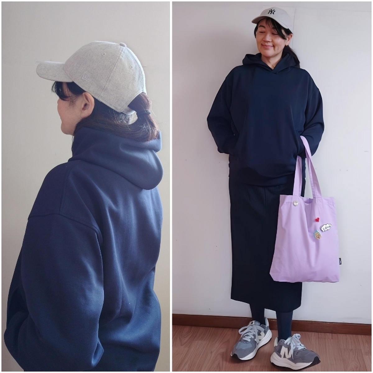 NEWERAのキャップ×UNIQLOの大きめパーカー、ボトムスは何を合わせる？