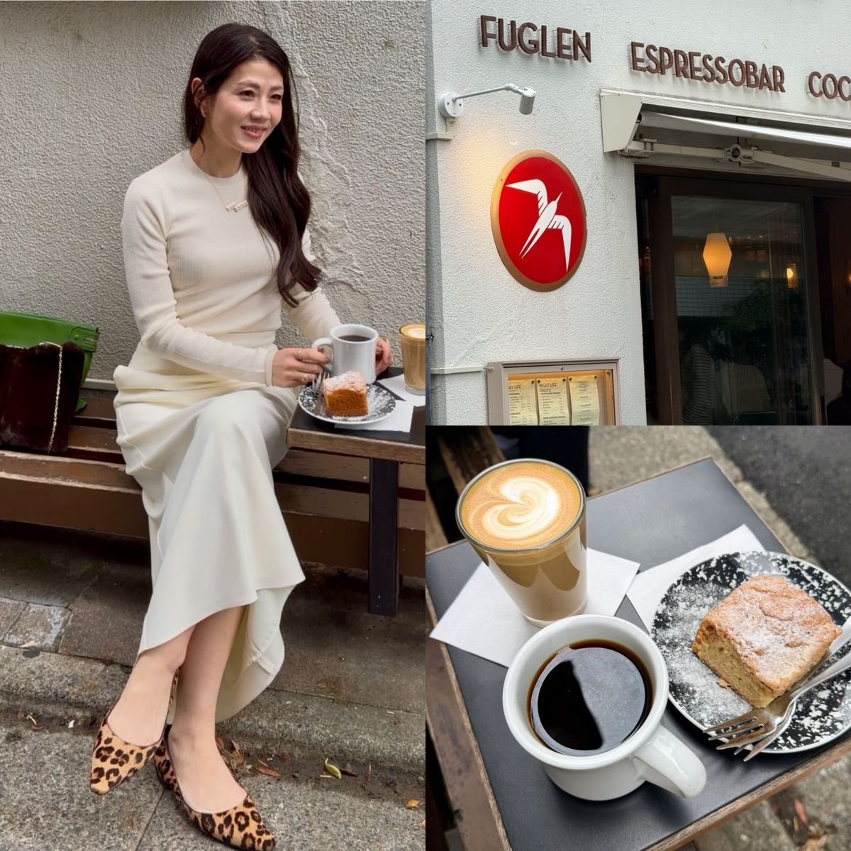 【FUGLEN COFFEE】オールホワイトにファーバッグとレオパードパンプスを効かせた大人カフェコーデ