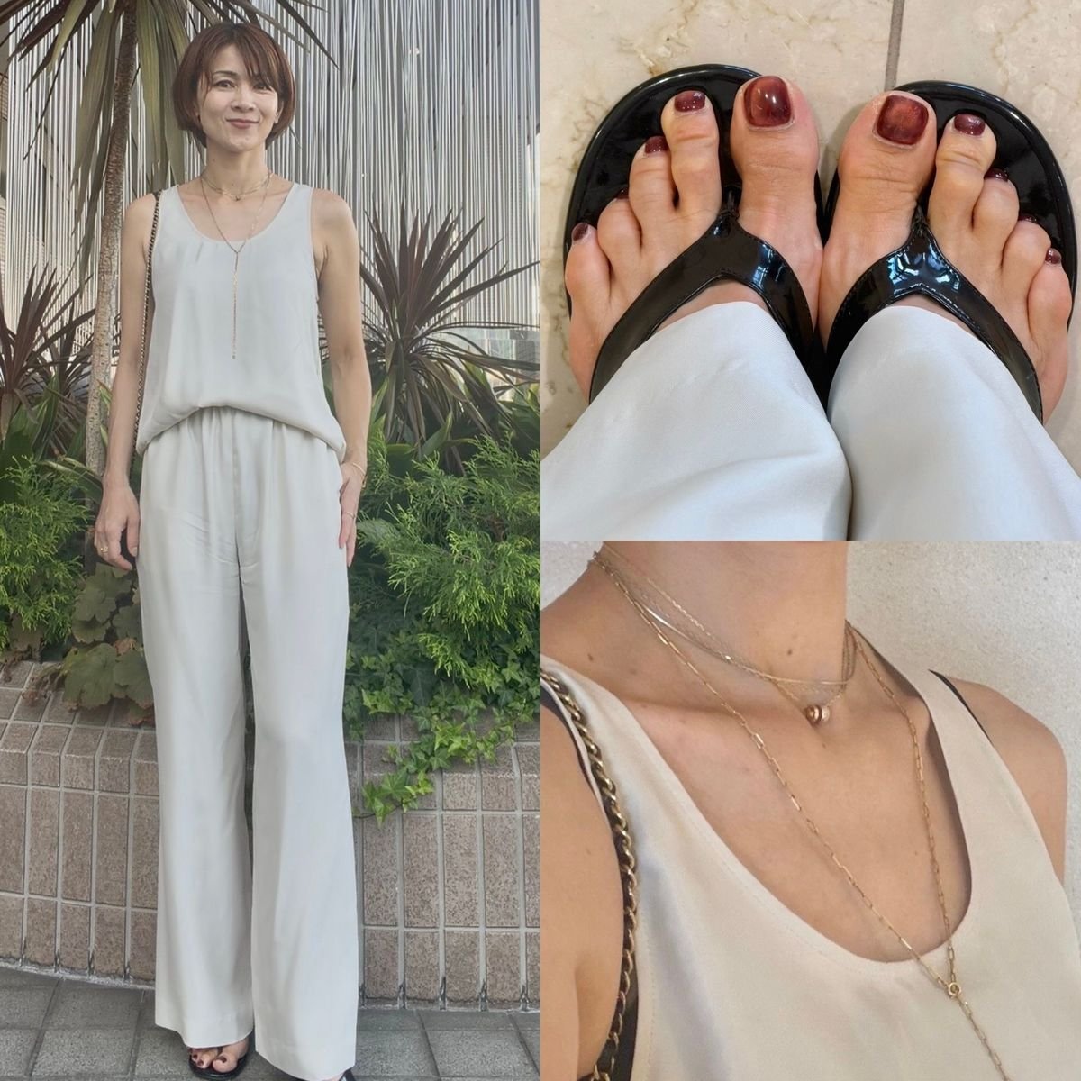 【夏の終わりの女子会コーデ】シンプルベージュのセットアップはアクセサリーをポイントに