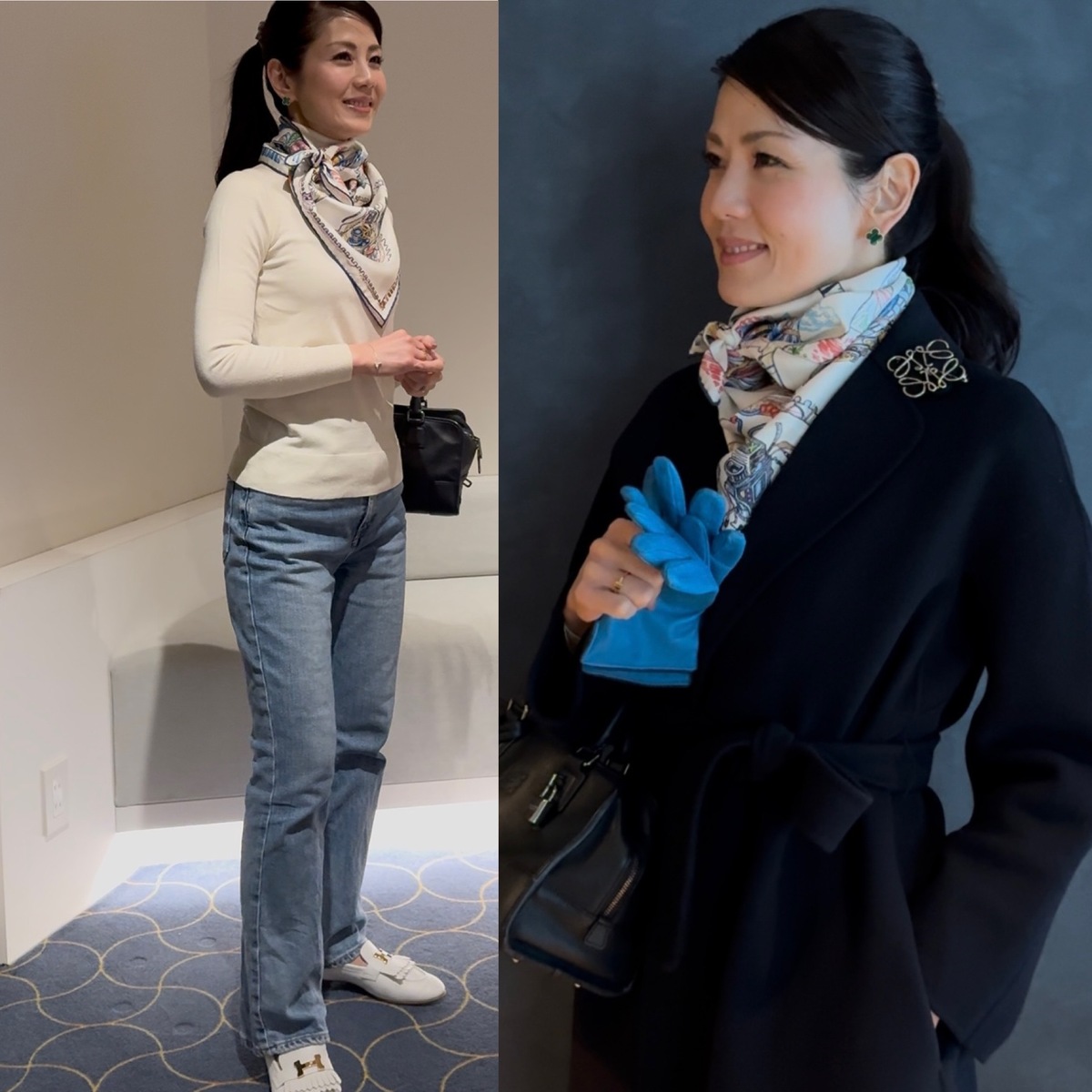 40代【HERMESスカーフ】×【デニム】でカジュアルに楽しむ、長男とのお鮨ランチコーデ