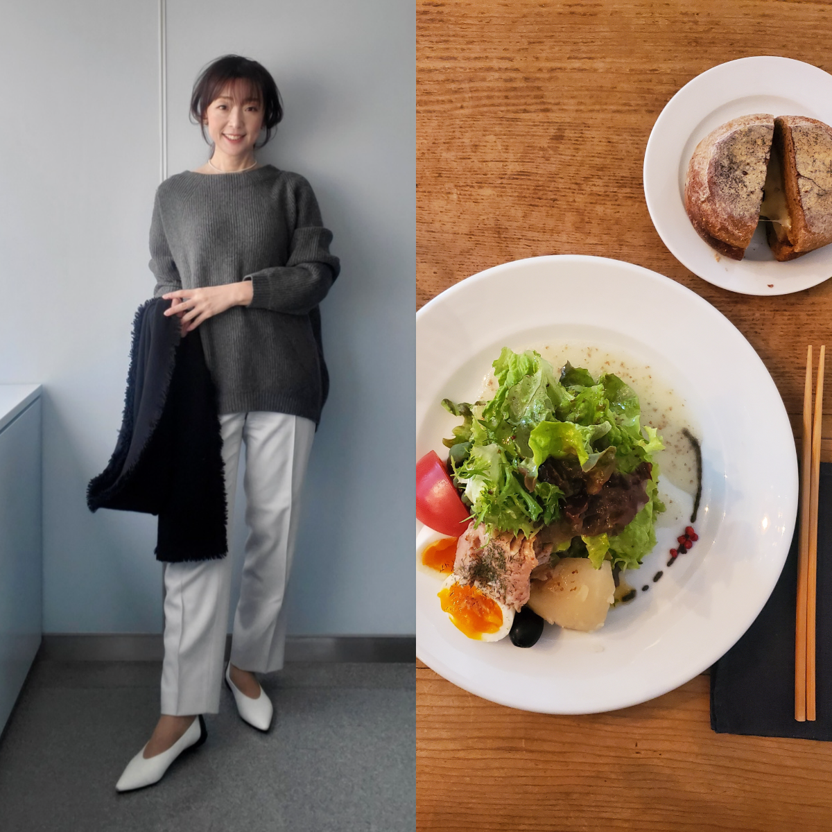 パリの空気を纏うお気に入りのカフェには、ベーシックカラーに馴染む水色パンツで！