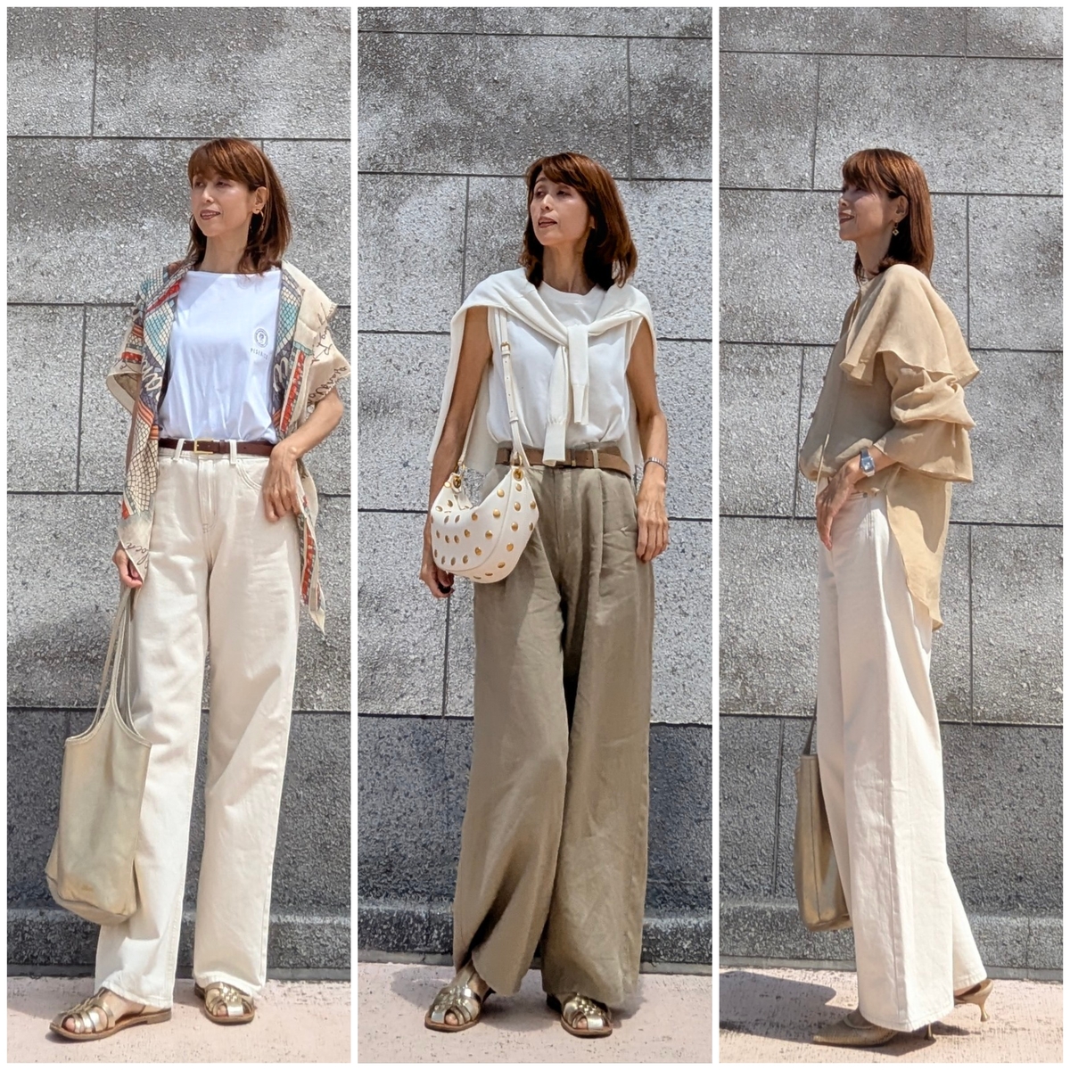 「50代のベージュ×白のコーディネート」をご紹介します。真夏まで着用できます！
