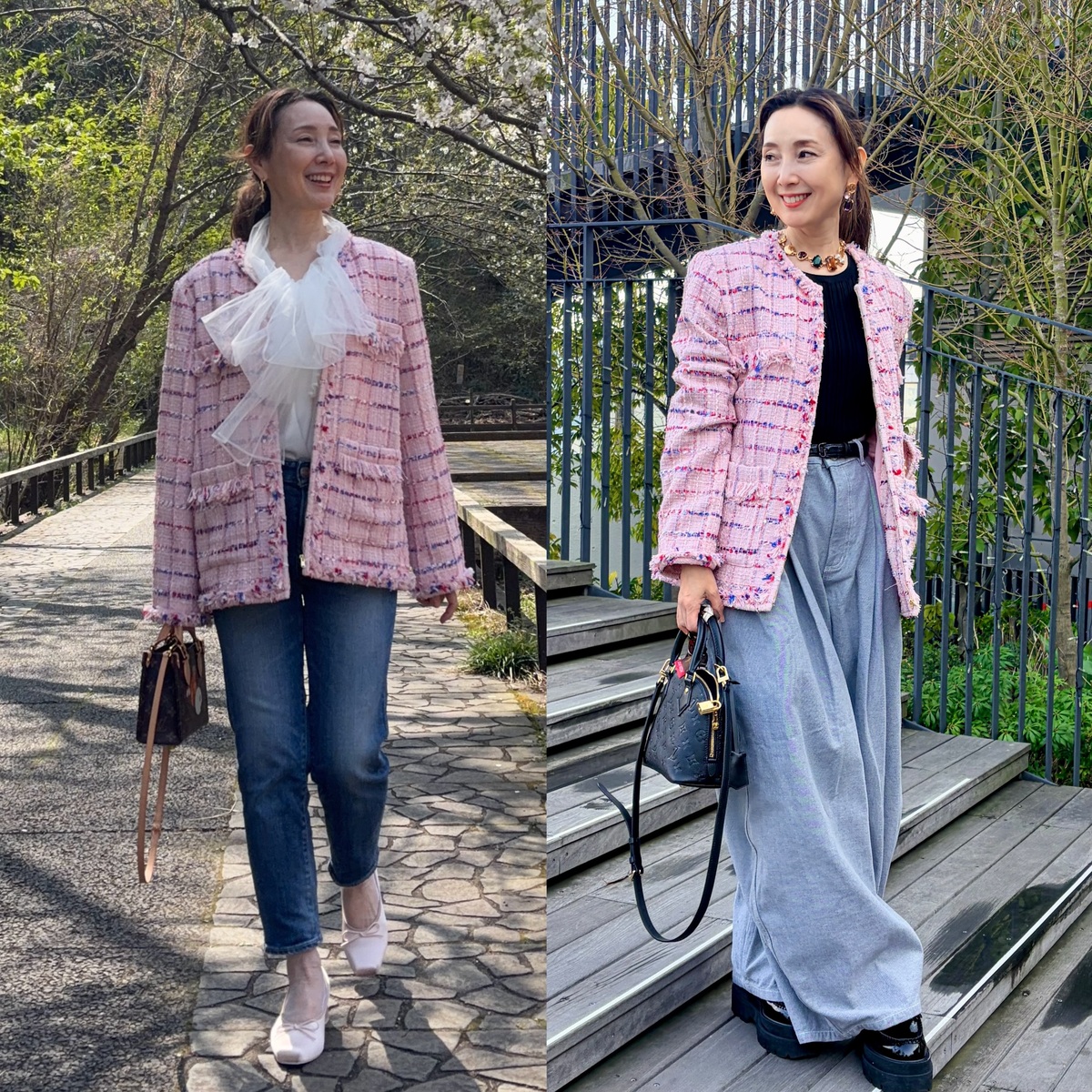 「今着なきゃいつ着るの！？」アラフィフピンクツイードジャケットで春のお祝いコーデ　桜色は幸せホルモンの色