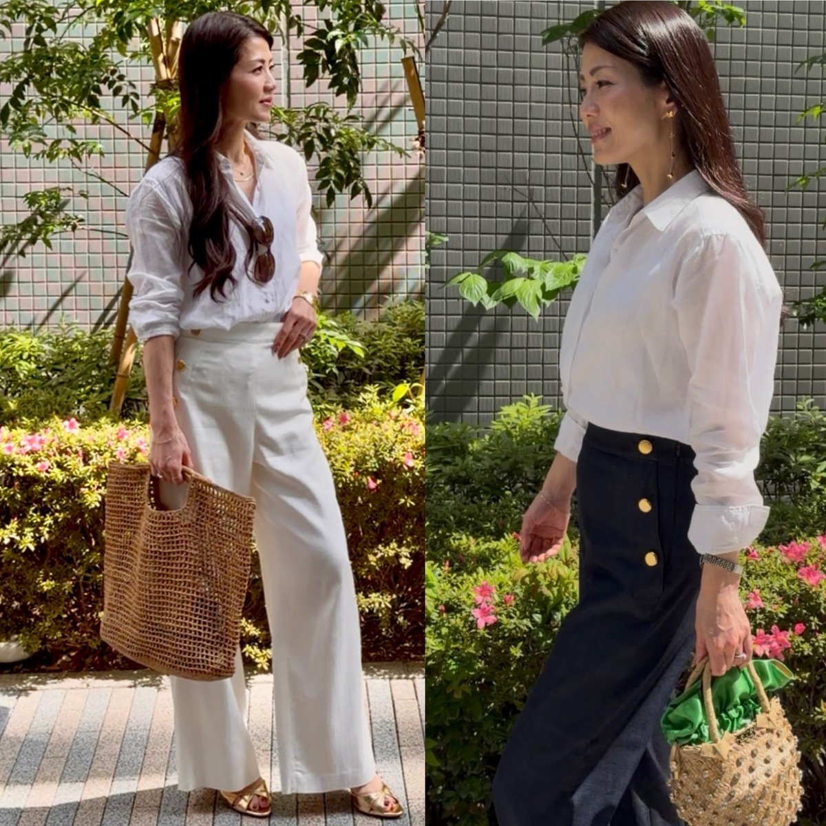 【UNIQLOプレミアムリネン】色違いマリンパンツ×かごバッグでここまで『高見え！』40代、大人の洗練夏の２スタイル