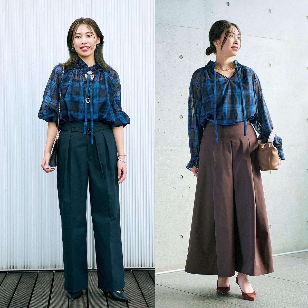 ブラウンや黒のボトムスと好相性！ 林 絵里さんの「モガのチェックブラウス」着回しコーデ