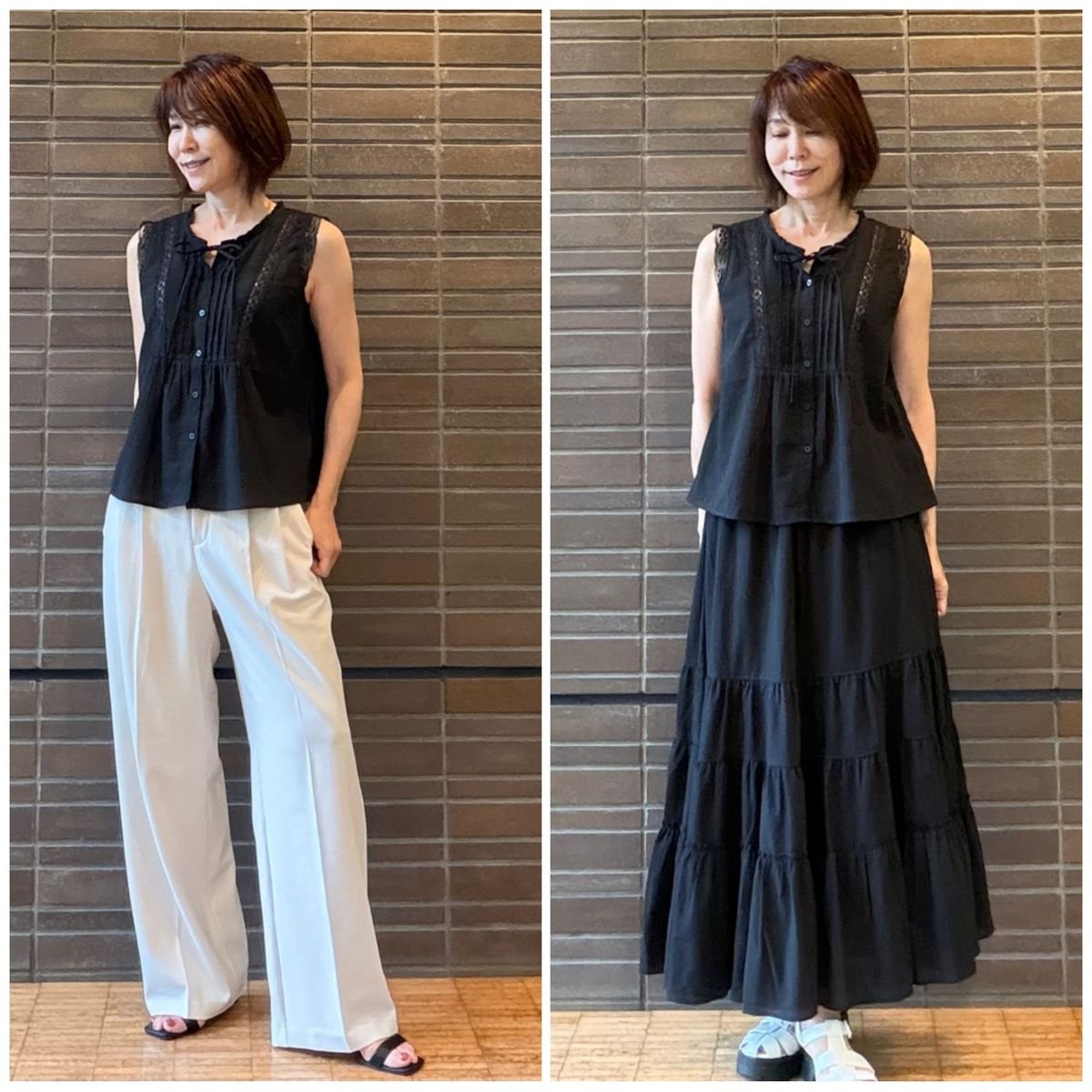 夏の必需品。大人可愛いレースブラウス【GU】をセットアップで。パンツスタイルもフェミニンに♪