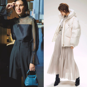 ダウンジャケット×プリーツスカートの白コーデからツヤと透け感が美しいオーガンジーブラウスの黒コーデまで【50代の1週間コーデ】 