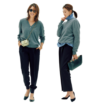 定番のグレーニット＋黒パンツは小物や重ね着でフェミニンに着こなす