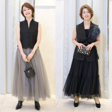 フレアスカートでつくる50代の冬のパーティースタイル。着こなしをドラマティックに味付け！【ソワレ・ドゥ・エクラ 華組ファッションスナップ vol.3】
