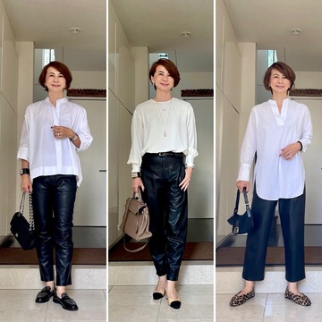 秋の、白シャツ✖️革パン コーデ3つ