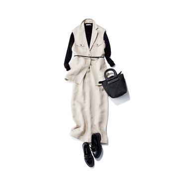 すっきりしたIラインのジレを極細の黒ベルトで引き締めてスタイルアップ！最低気温20℃｜6/12(水)【50代の毎日コーデ】