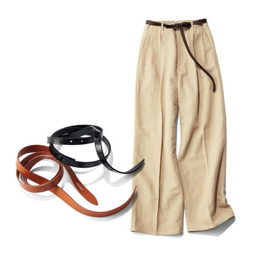 パンツのワンツーコーデでもの足りないときは細ベルトを長めにたらして今どき感をアップ