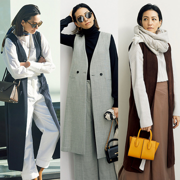 シンプルコーデにも変化がつけられる！定番カラーの「大人ジレコーデ」3選