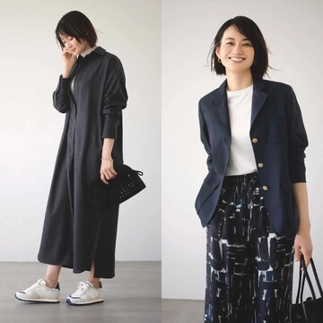 シャツワンピースの秋らしい着こなしから紺ブレ×プリントパンツでつくるオフィスコーデまで【50代の1週間コーデ】