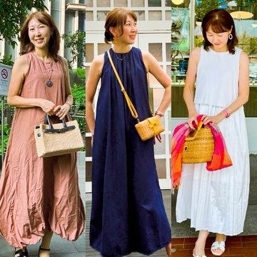 カゴバッグでワンピースに ぷちリゾート感を演出