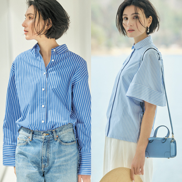 【新ブルーシャツコーデ6選】甘ディテール、短丈、ストライプ柄。着こなしをアップデート！