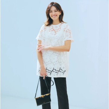 見た目にも涼やかで今の季節に最適「mizuiro ind」レースクルーネックチュニックシャツ