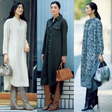 【50代 秋冬ワンピース】簡単しゃれ見え！ロングブーツと合わせる女らしいワンツーコーデ