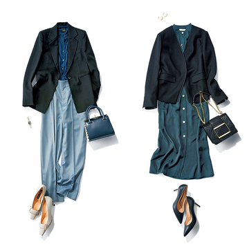 【黒ジャケットの法則②】ビジネスシーンに安心感を！「黒ジャケット×落ち着き色ワントーン」コーデ