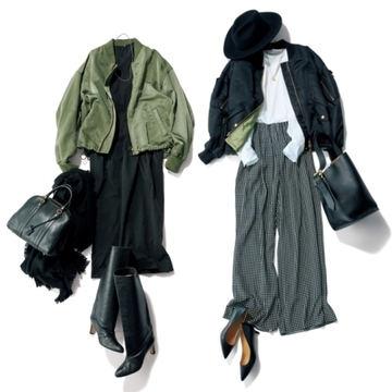 クラシックスタイルやワンピースにも合う、大人のMA-1コーデ2選