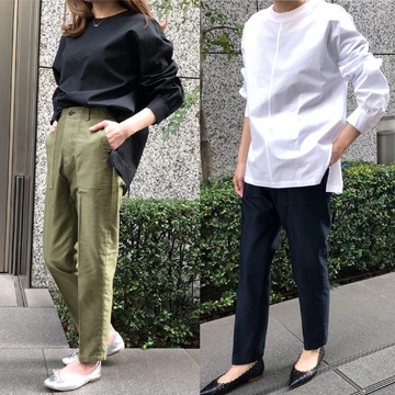 「E by éclat」春の新作着比べ第２弾！ノーカラー切替ブラウス＆裾リブジョガーパンツ編