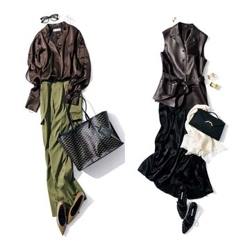 顔周りの重見えも回避！光沢感あるエレガントな「ブラウントップスコーデ」2選